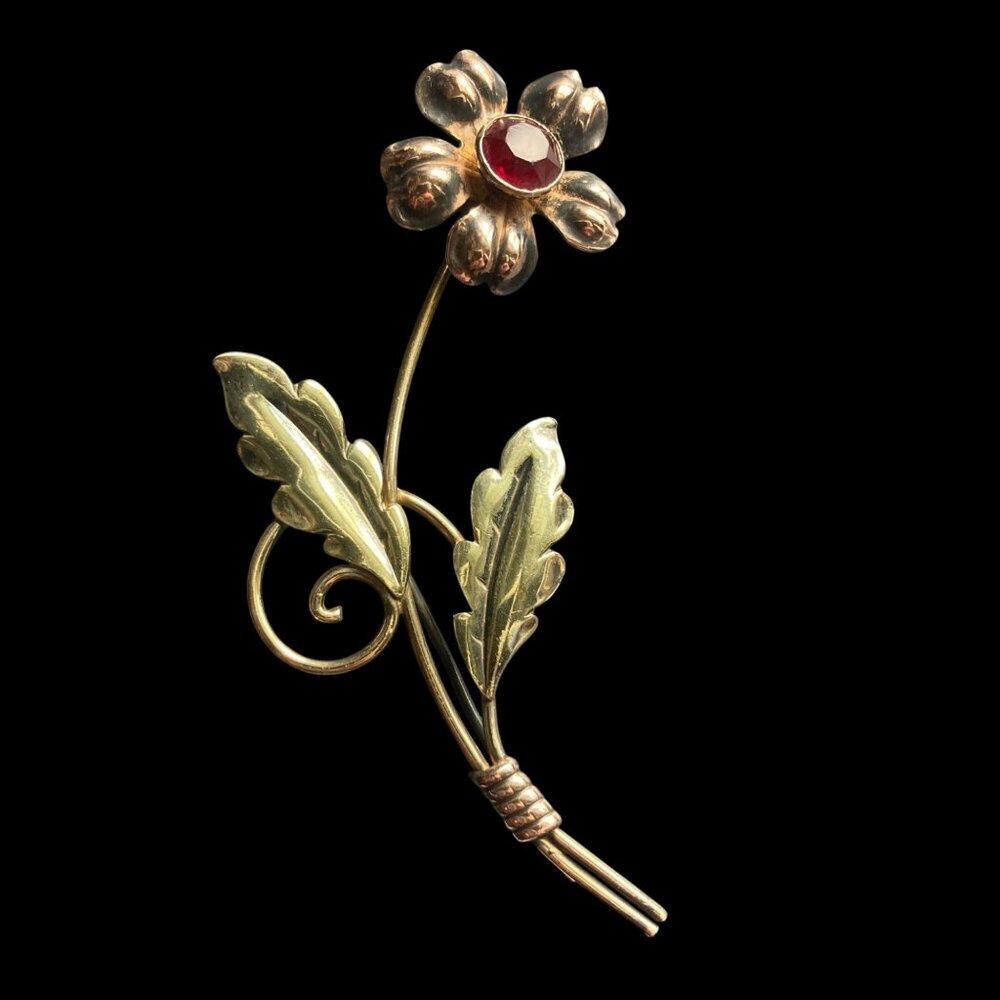 Vintage Van Dell Gold Vermeil Sterling Silver Floral Brooch Red Rhinestone Pin